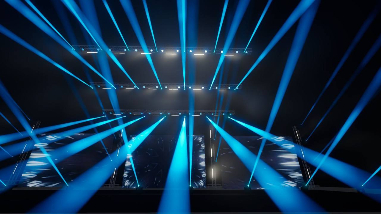 Symmetrical blue stage-light beams arranged across a large production rig